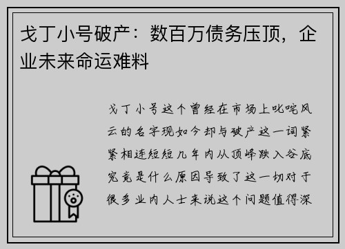 戈丁小号破产：数百万债务压顶，企业未来命运难料